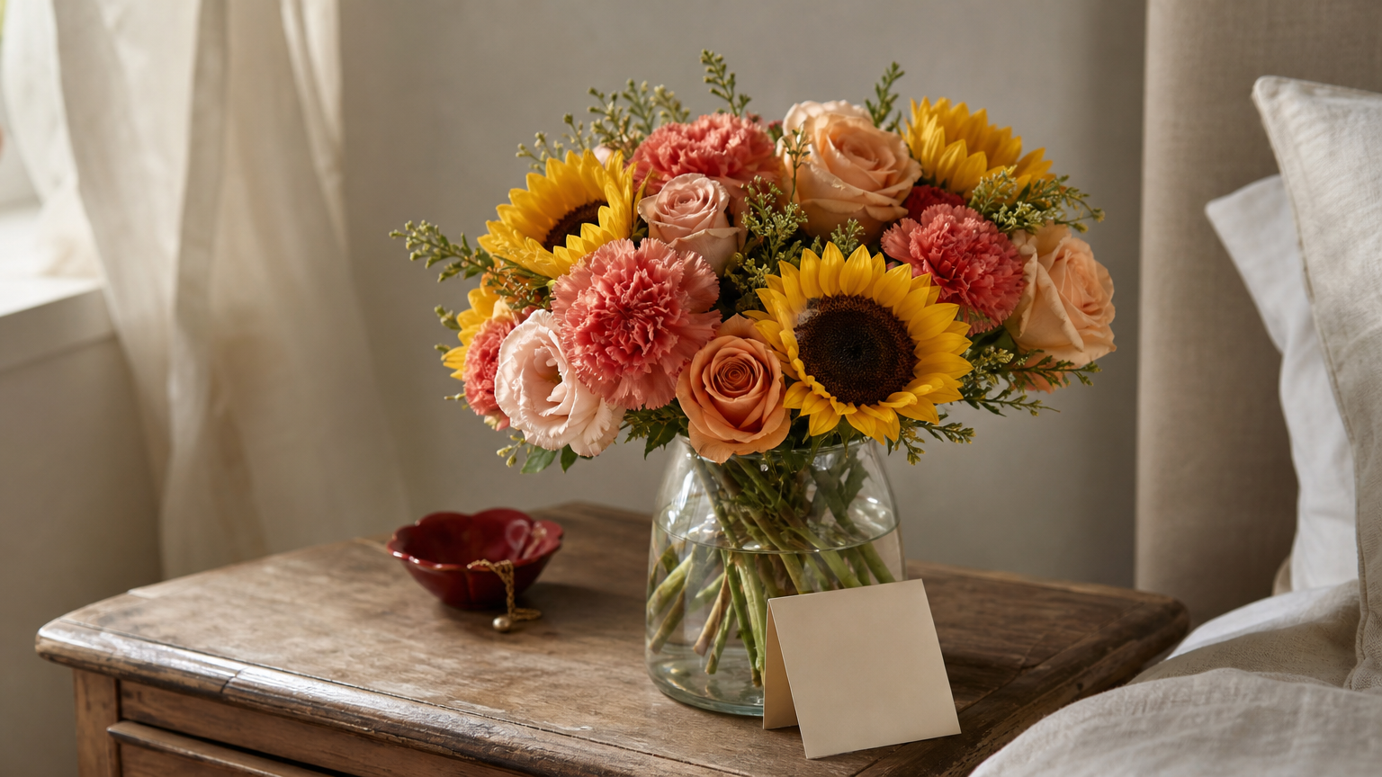Get Well Soon Cards With Flowers A round bouquet of sunflowers, carnations, and roses sits in a glass vase beside a folded card.