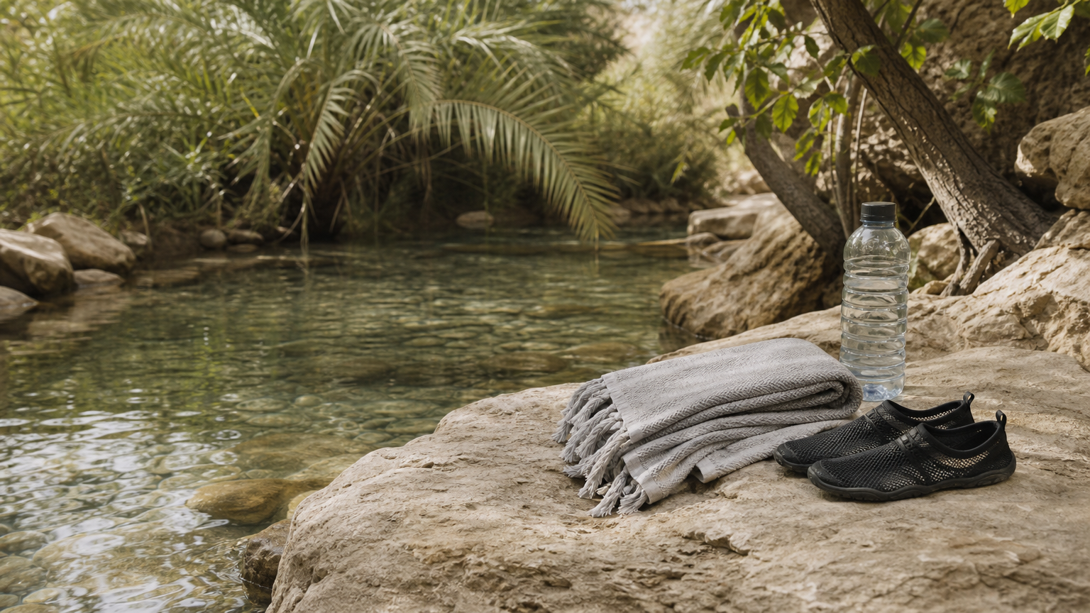 A spring-fed pool framed by palm fronds, with a towel, water shoes, and a bottle on a rock.
