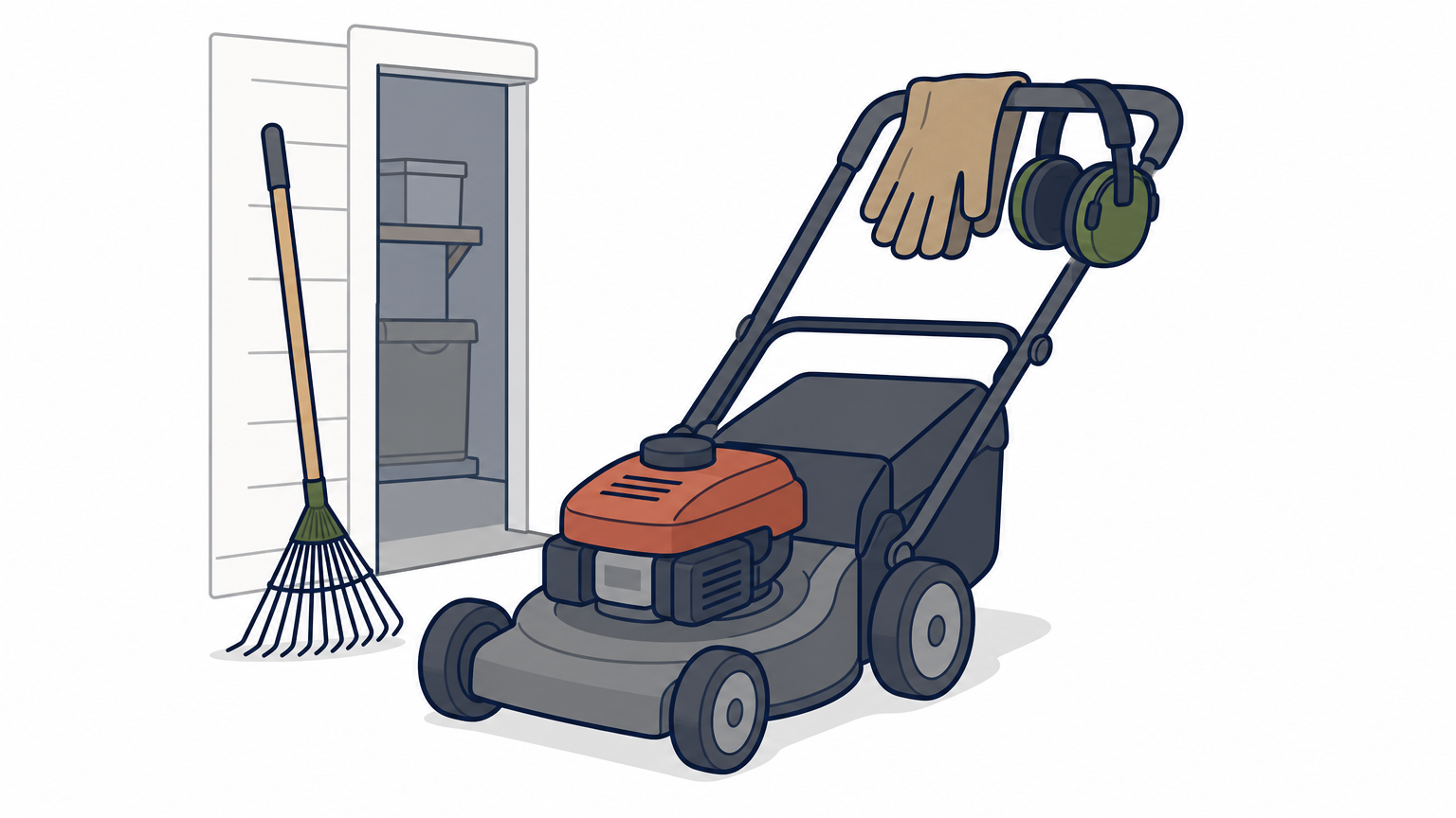 Work gloves and ear protectors rest on a push mower beside an open garage door.