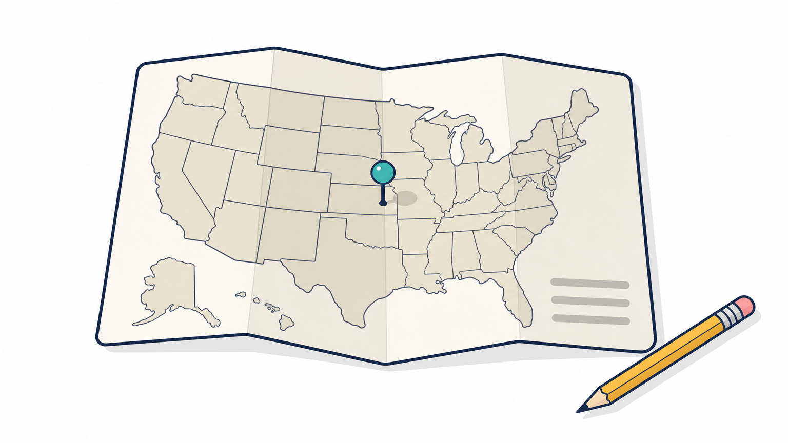 A folded paper map of the United States with a single pin pressed into it beside a pencil.