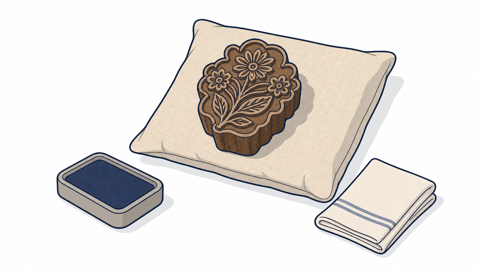 A carved wooden printing block sits beside a linen pillow cover, with an ink pad and folded cloth nearby.