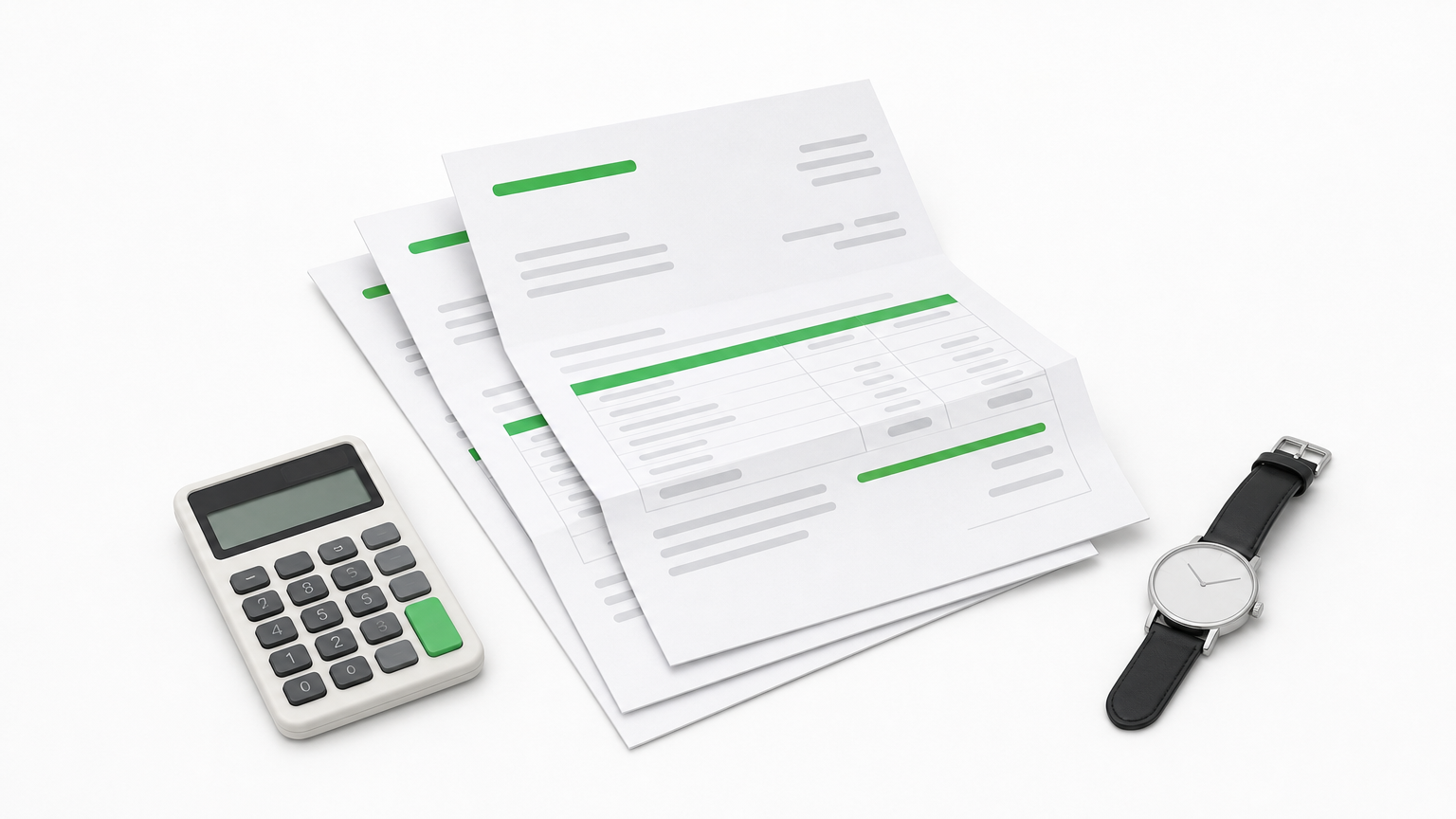 Stacked invoices, a calculator, and a wristwatch lie on a desk together.