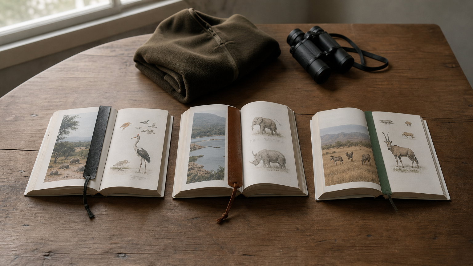 Best Time to Visit Chobe National Park: Month by Month Field guides, binoculars, and a folded fleece jacket arranged on a table for a safari trip.