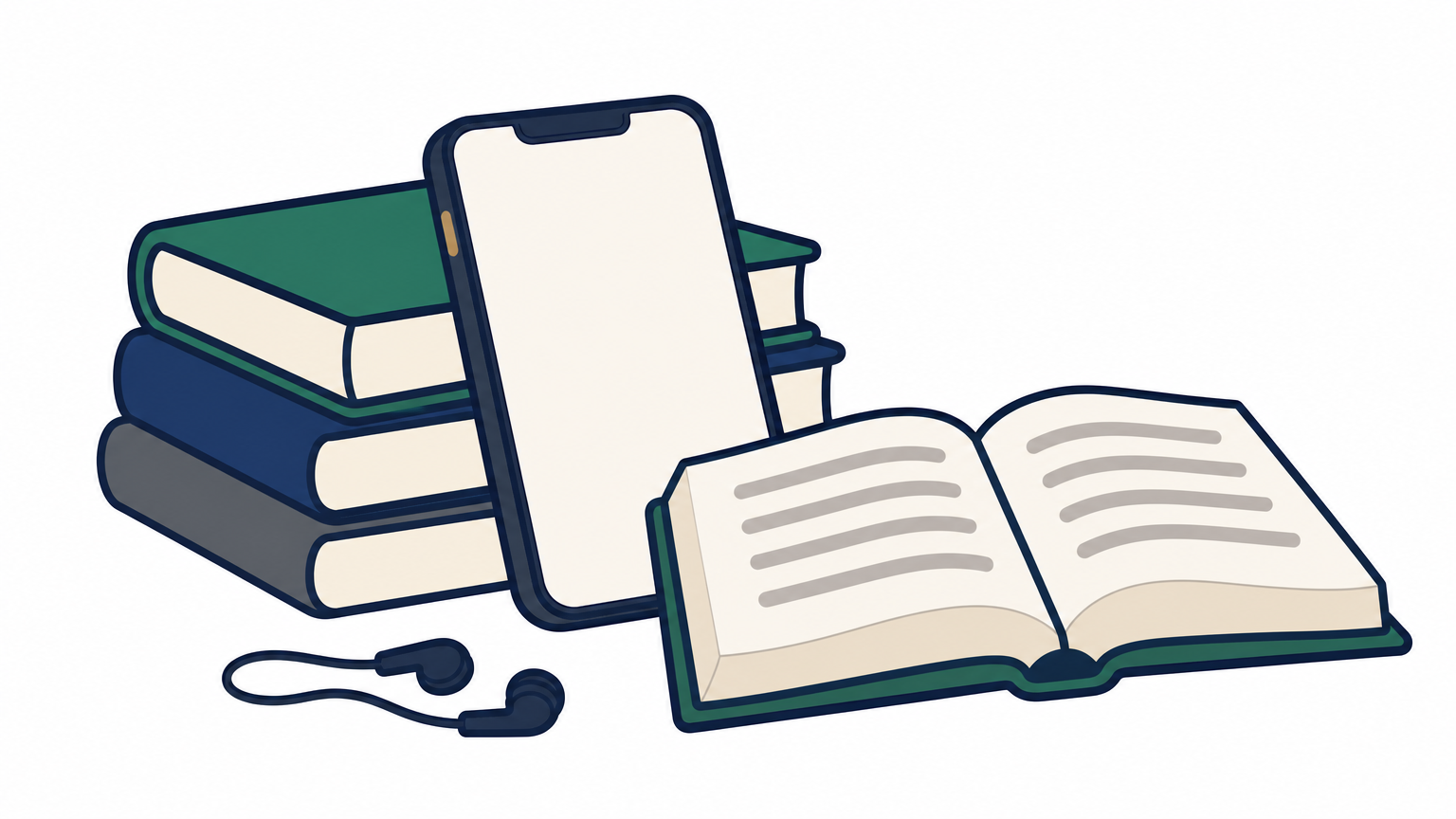 A phone propped beside an open Quran, with earbuds resting nearby on a table.
