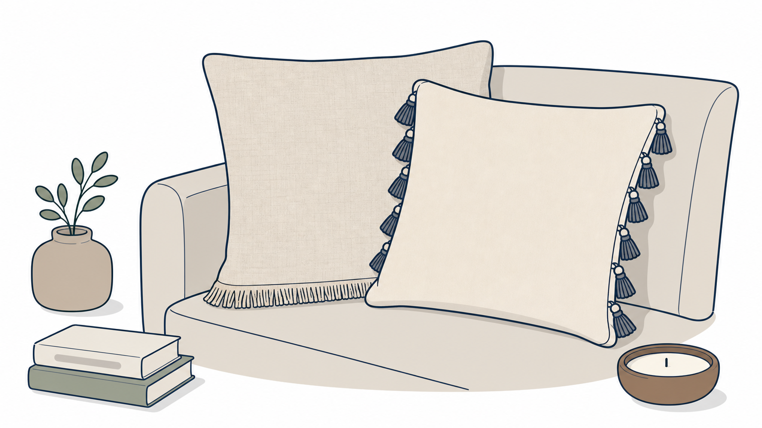 A linen pillow with fringe along its edge rests in the corner of a sofa beside a tasseled cover.
