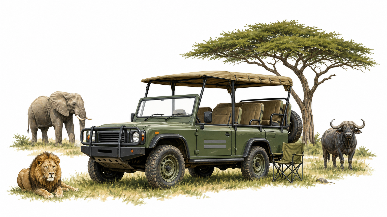 A safari jeep parked on open grassland next to a flat-topped acacia tree.