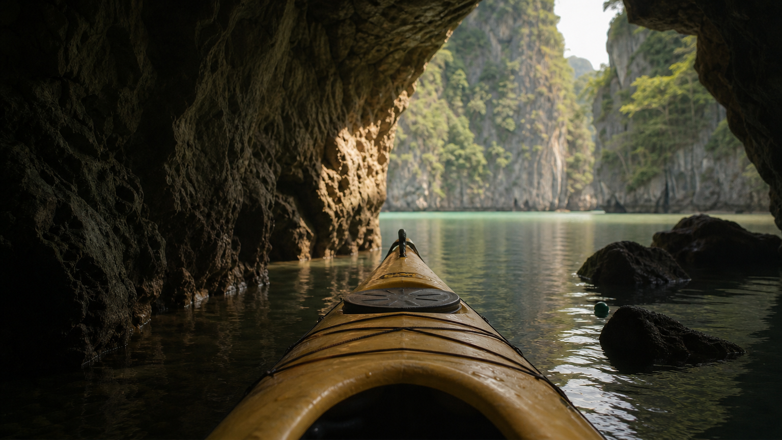 Un kayak avance dans un tunnel rocheux vers une lagune bordée de falaises verdoyantes.