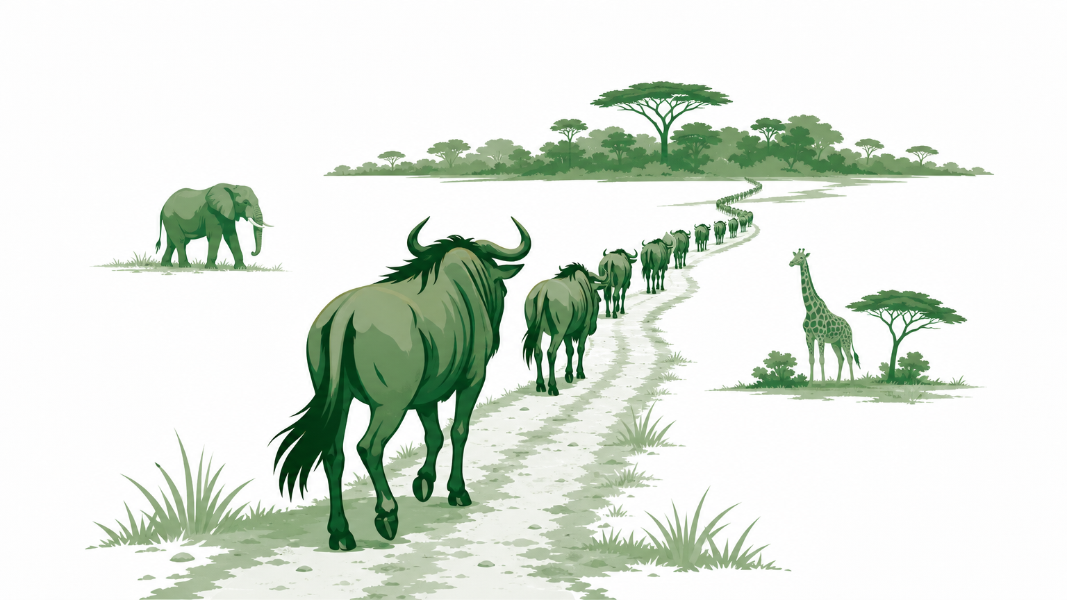 A line of wildebeest walking single file across a grassy plain on a dirt track.