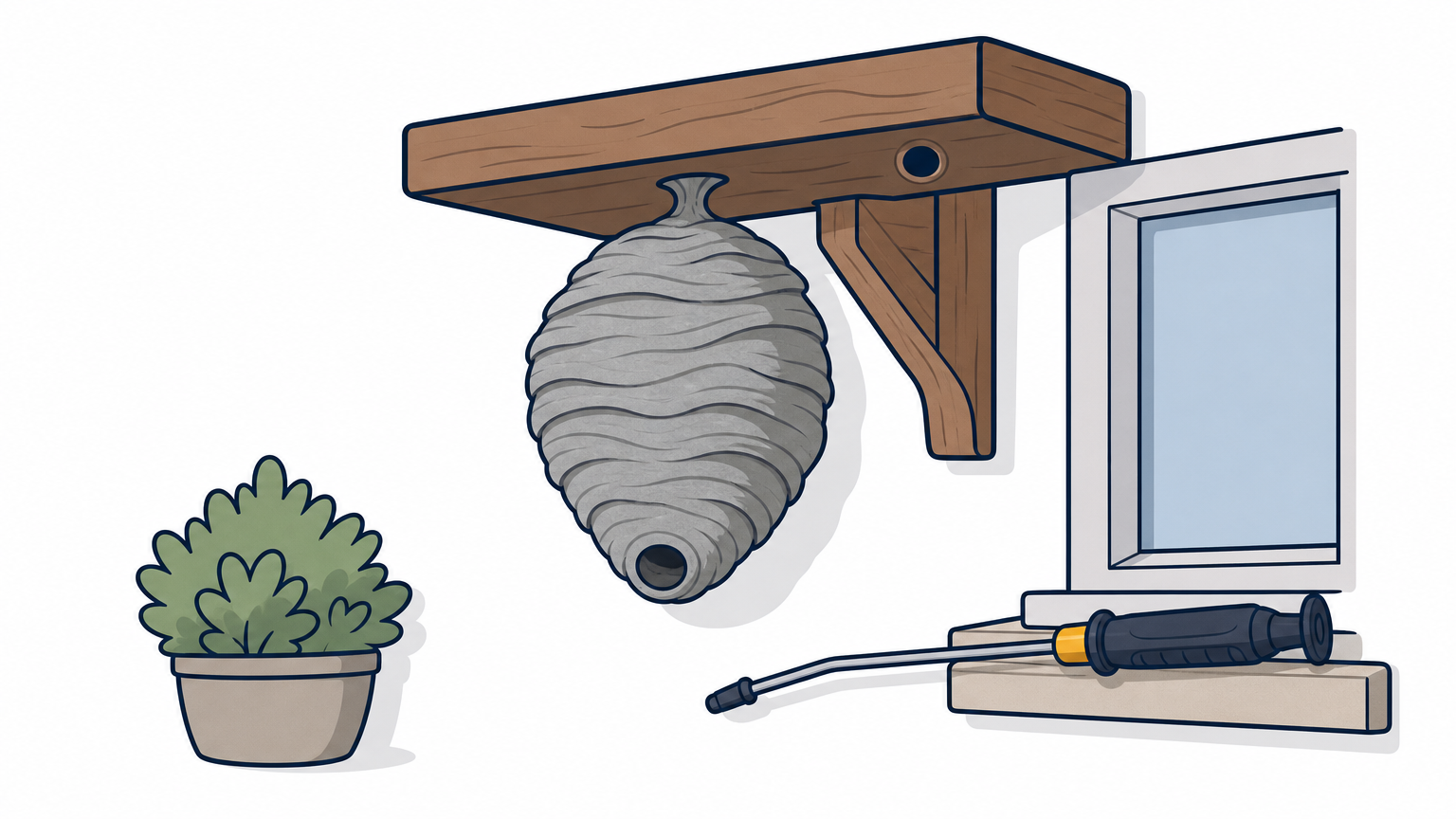A wasp nest hangs beside a small drilled hole in a wooden eave, with an injector wand nearby.