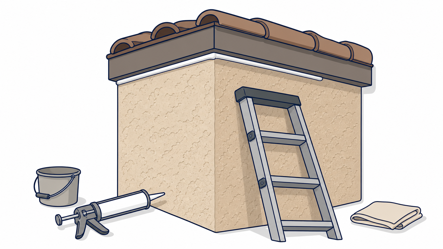 A stucco wall corner shows a fresh caulk seal under the roof edge, with a stepladder leaning against it.