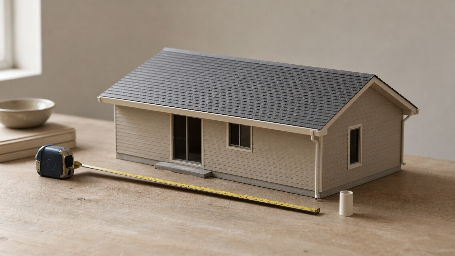 A tape measure runs along the eave of a small model house beside a short downspout at one corner.