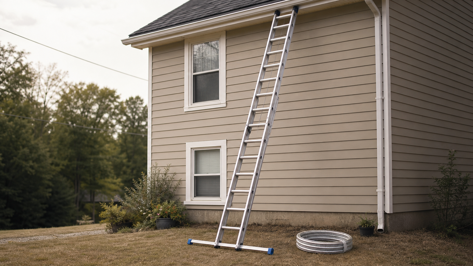 An extension ladder with a stabilizer bar leans against a two-story house reaching the gutter line.