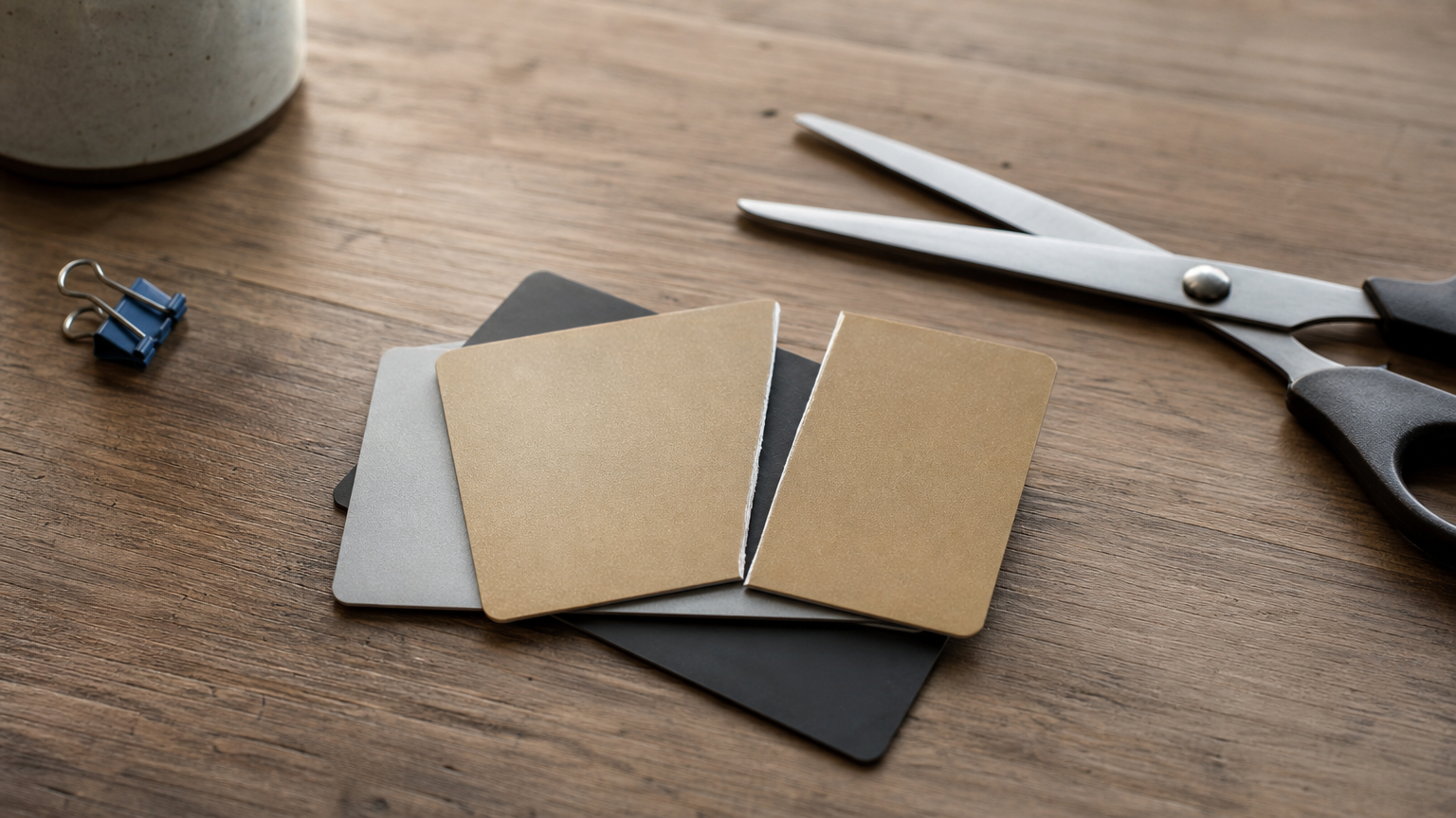Three credit cards on a desk, one sliced in half with scissors, showing a reduced balance.