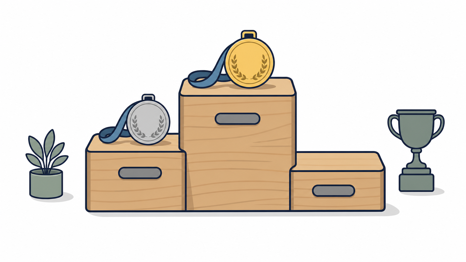 A three-step wooden podium with a gold medal on the top step and a silver medal on the second step.