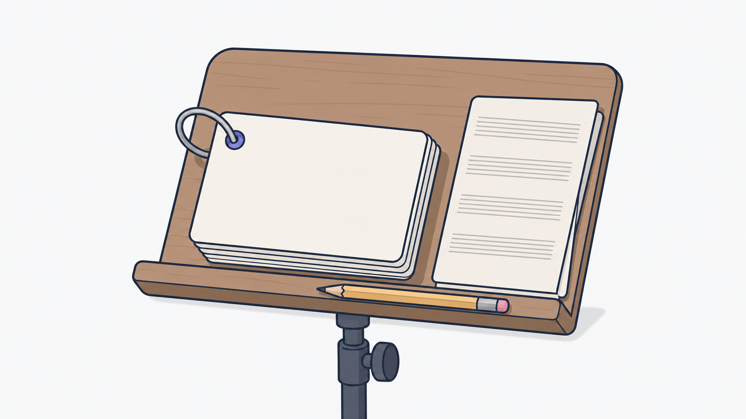 A stack of index cards bound by a key ring sits on a music stand next to a pencil.