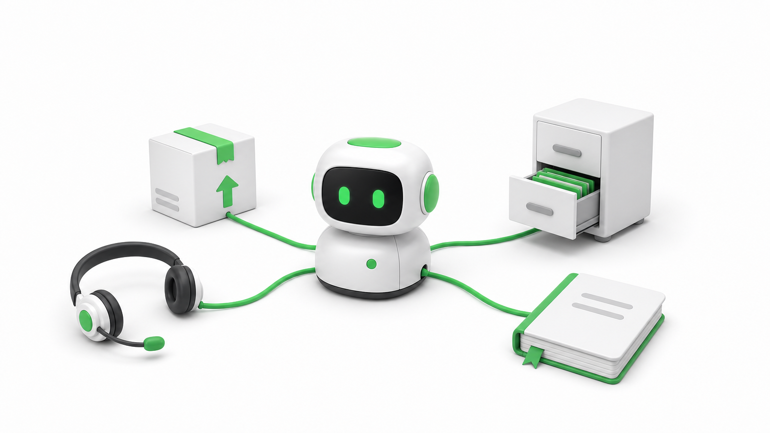 A desk robot at the center of a table, linked by cables to a headset, a shopping box, a ledger, and a filing cabinet.