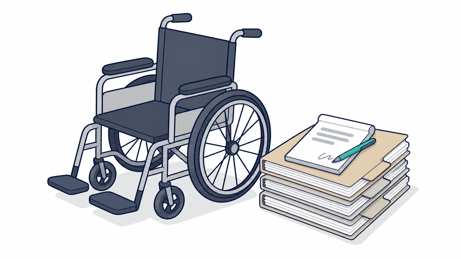 A manual wheelchair sits beside a stack of claim folders and a signed prescription pad.
