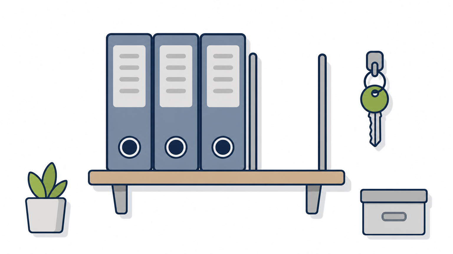 Three ledger binders on a shelf with one gap, and a spare key hanging on a hook beside them.