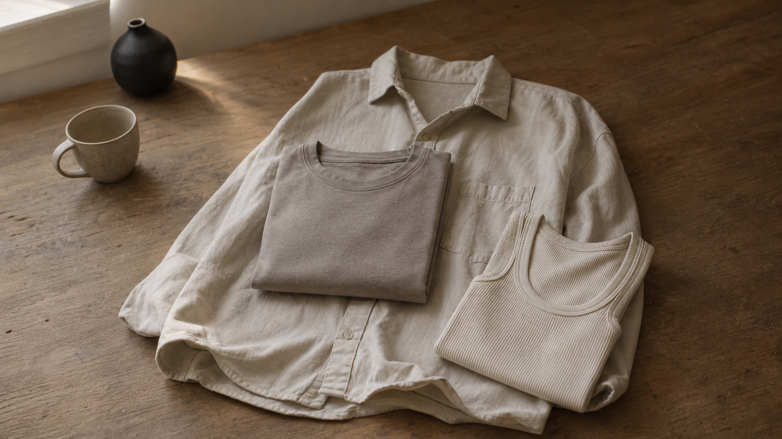 A folded crew-neck tee sits on an oversized button-up shirt, with a folded ribbed tank beside them on a wooden table.