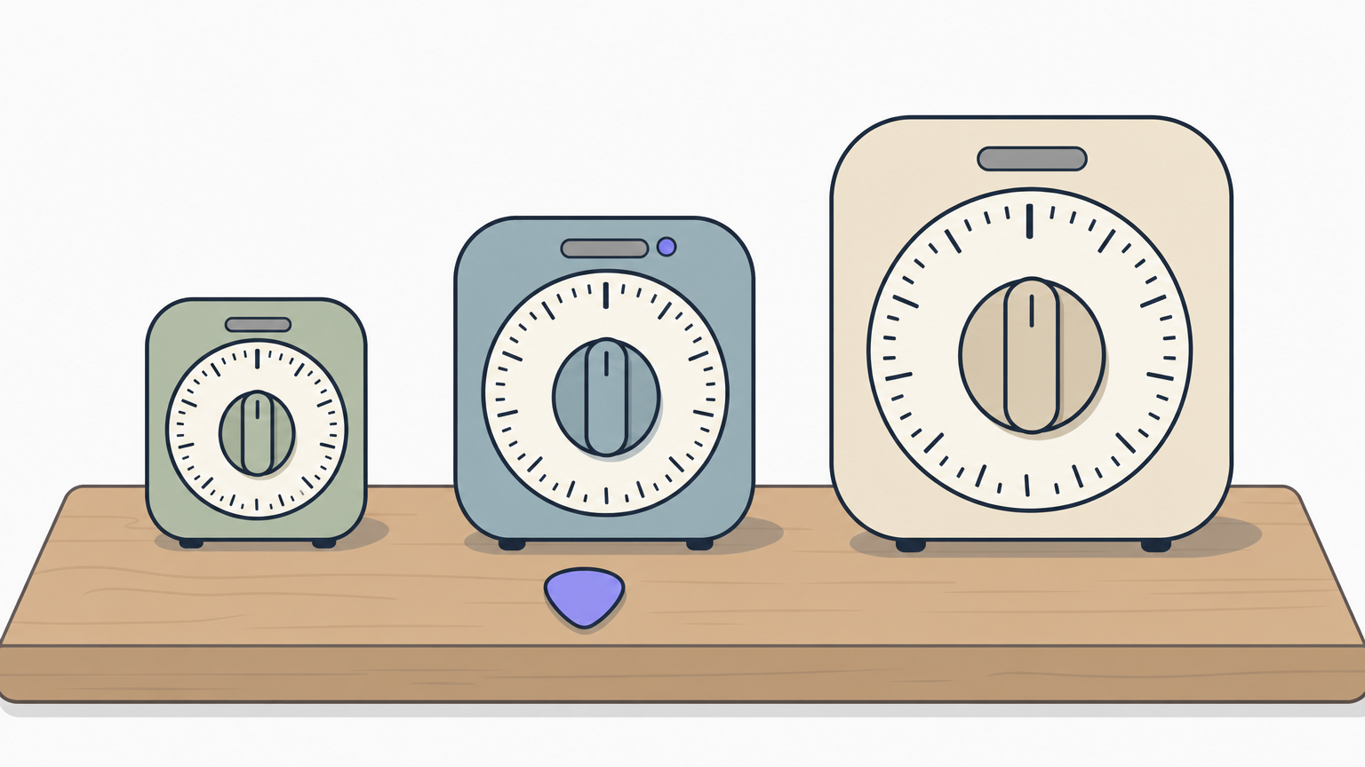 Three kitchen timers of increasing size stand in a row on a table with a guitar pick.