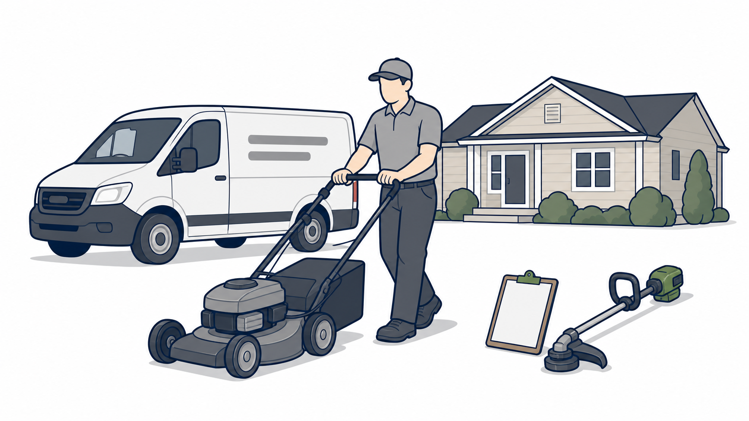 A uniformed crew member pushes a mower beside a marked service van at a home.