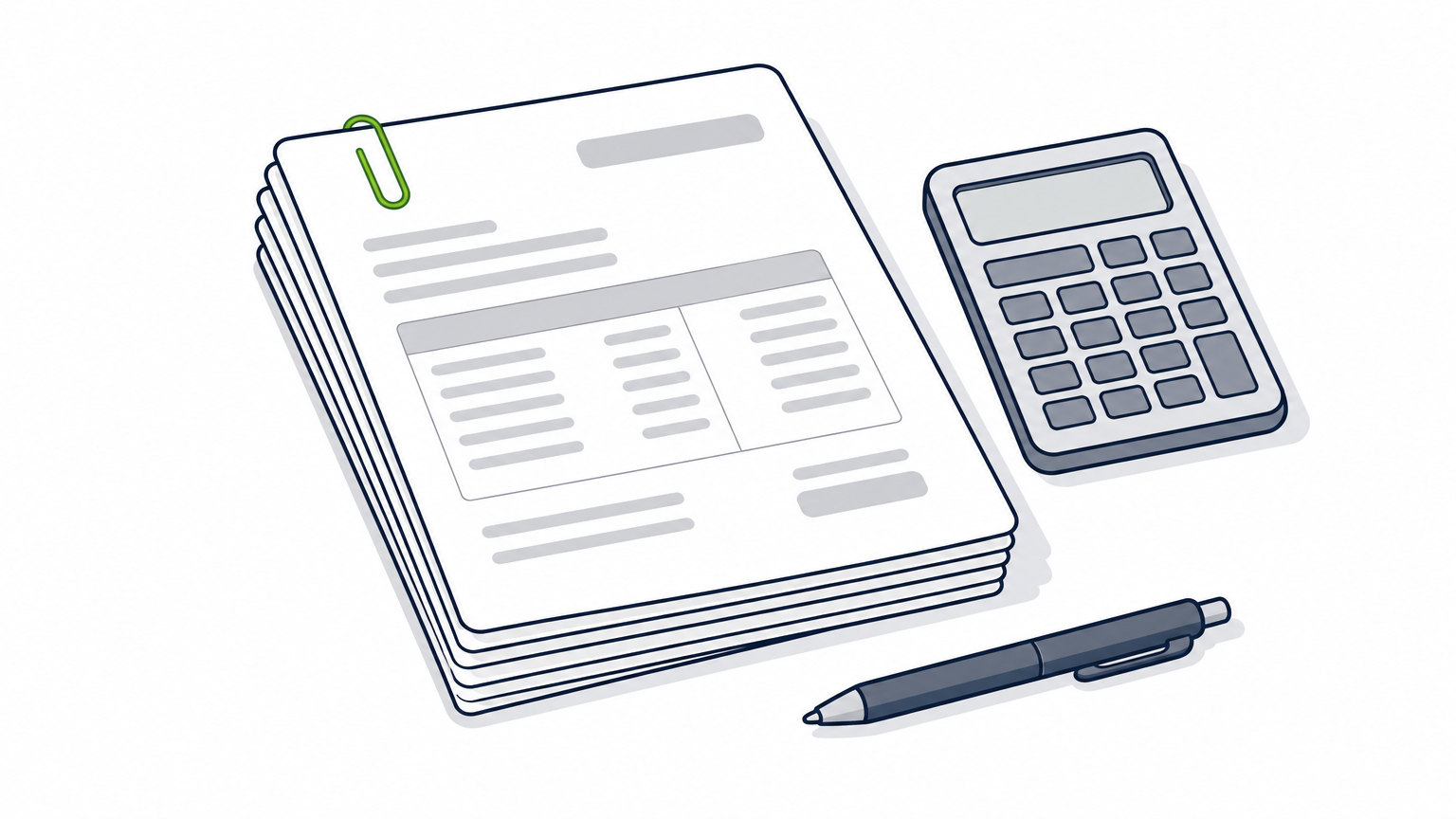 A paper-clipped stack of invoices sits beside a calculator and a pen on a desk.