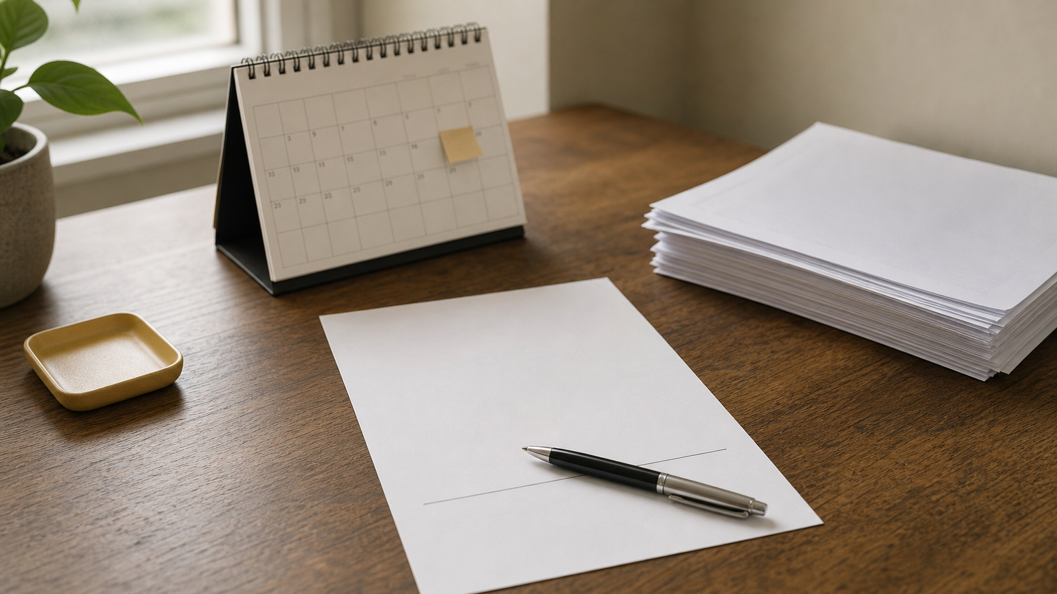 A desk with a printed notice to vacate, a pen, an open calendar, and a stack of lease papers.
