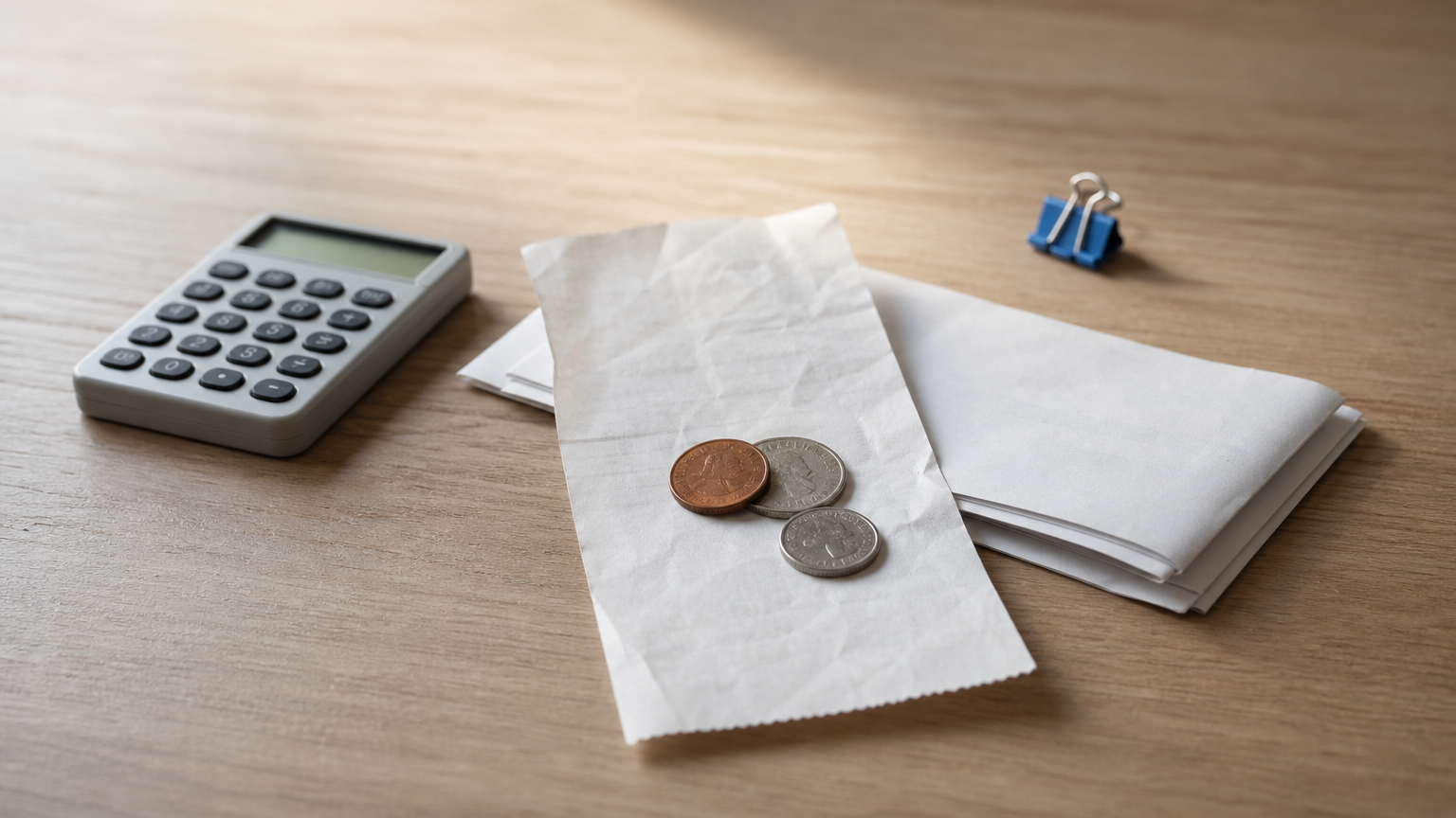 A receipt, coins, a folded tax form, and a calculator arranged together on a desk.