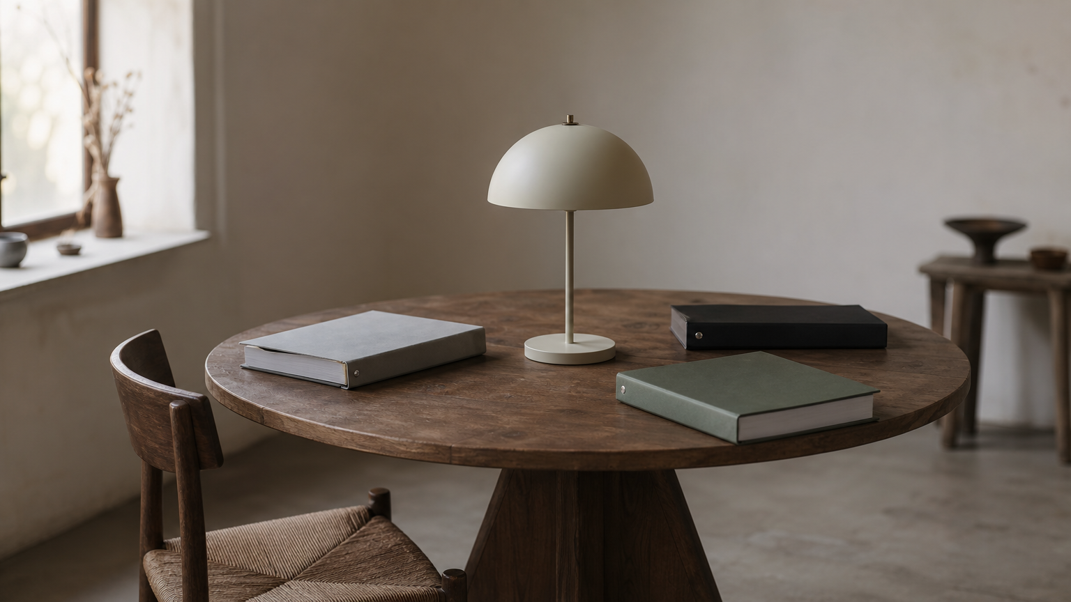 A round table with a central desk lamp, three binders spaced evenly around it, and one chair pulled out.
