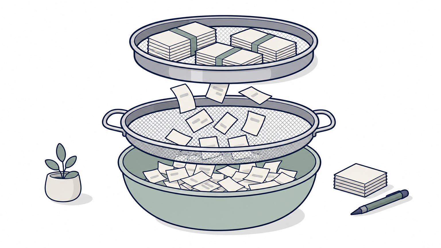 A metal sieve over a bowl with loose paper slips falling through, and a second sieve above holding bundled stacks.
