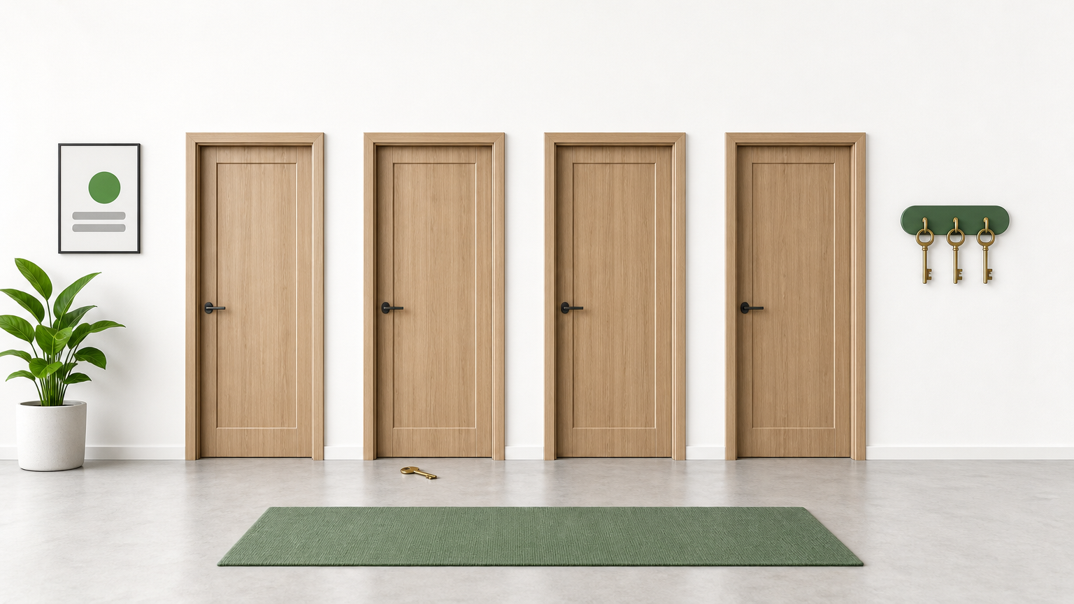 Four closed doors in a hallway with one brass key on the floor before the second door and three keys on a hook.