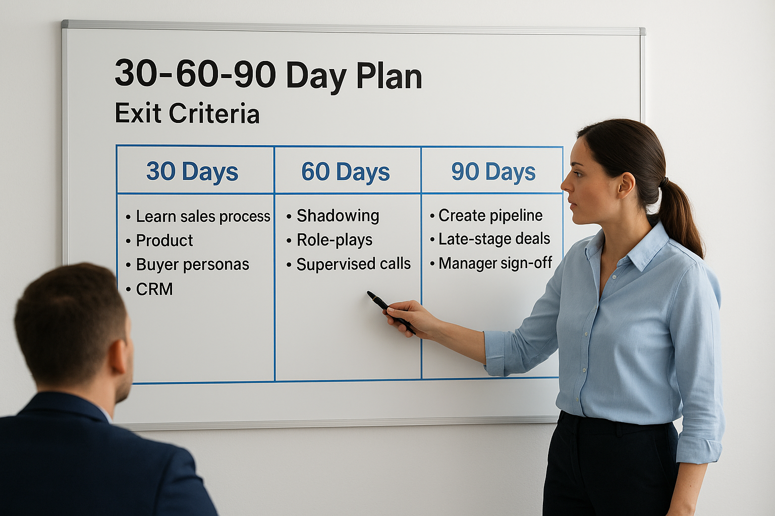 2. Map a 30-60-90 day plan with exit criteria