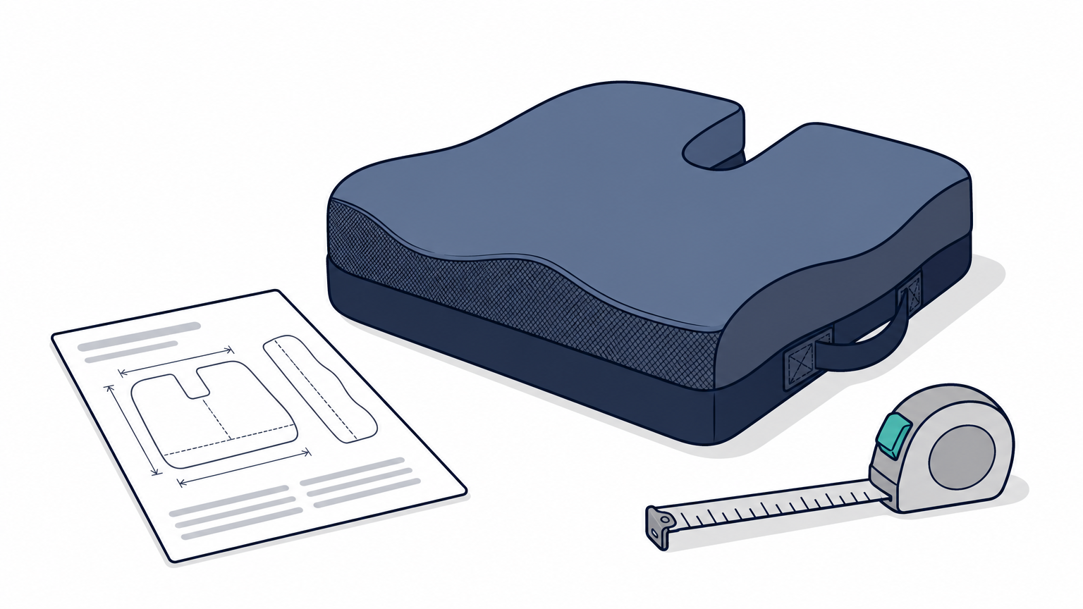 A custom wheelchair seat cushion lies beside a measurement sheet and a tape measure.
