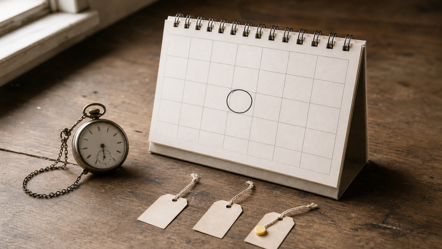 A wall calendar with a circled date, a pocket clock, and three numbered paper tags on a table.