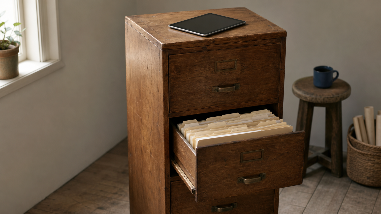 A filing cabinet with one drawer open, tabbed folders inside, and a tablet resting on its top.