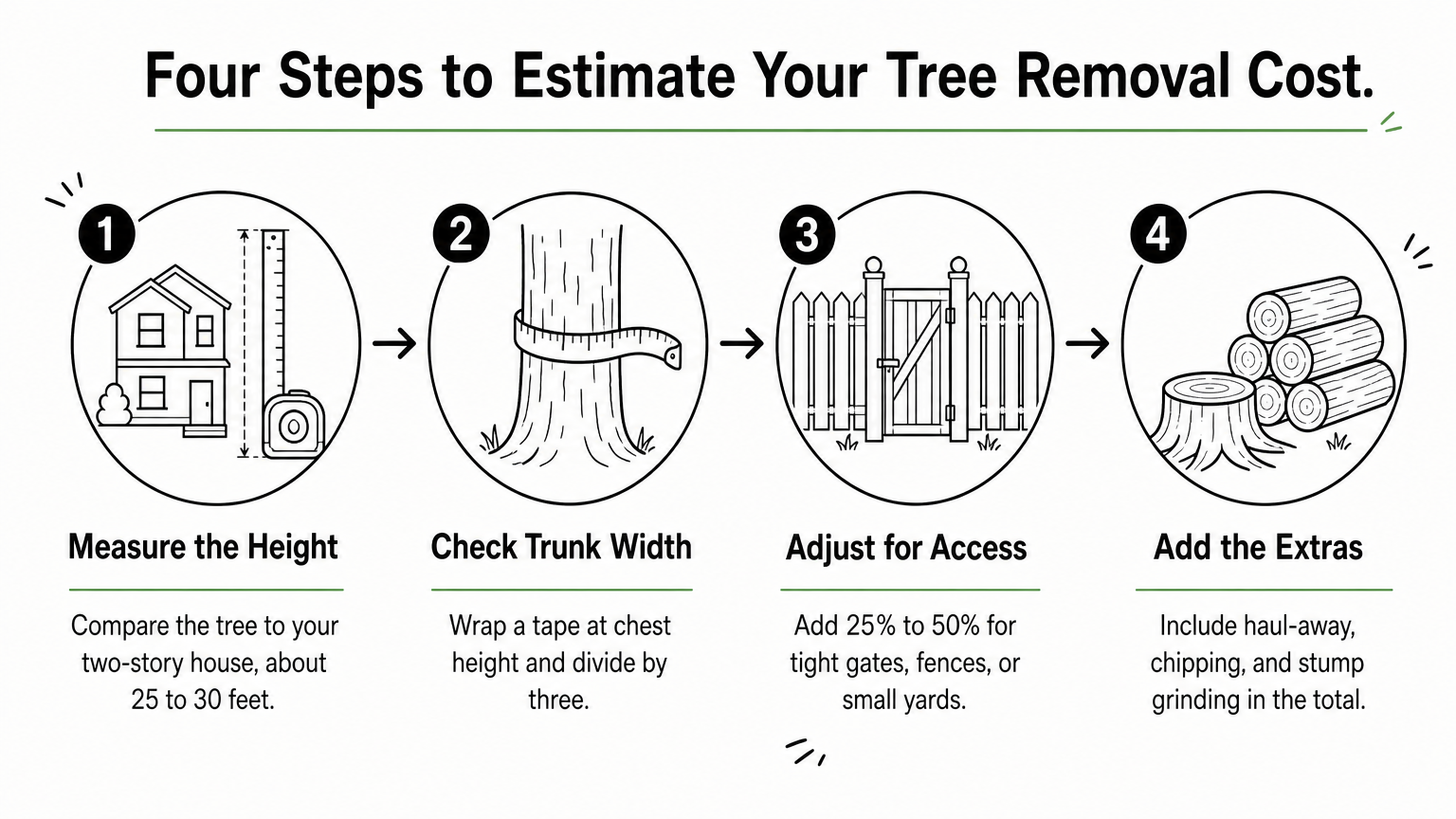 A four-step process showing how to estimate tree removal cost from height, trunk width, access, and extras.