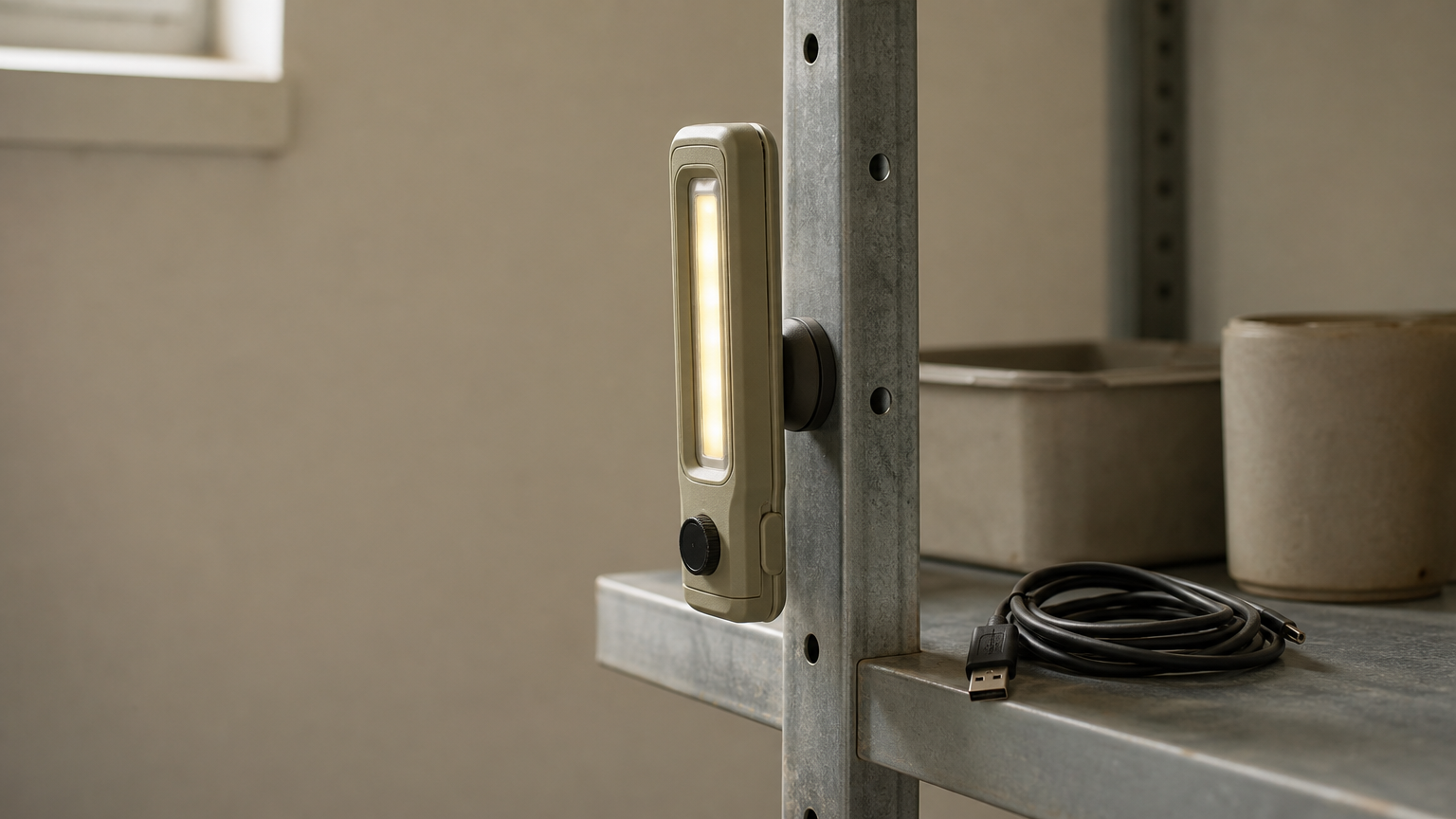 Une lampe de travail LED tenue par son aimant contre une étagère métallique, un câble USB enroulé à proximité.