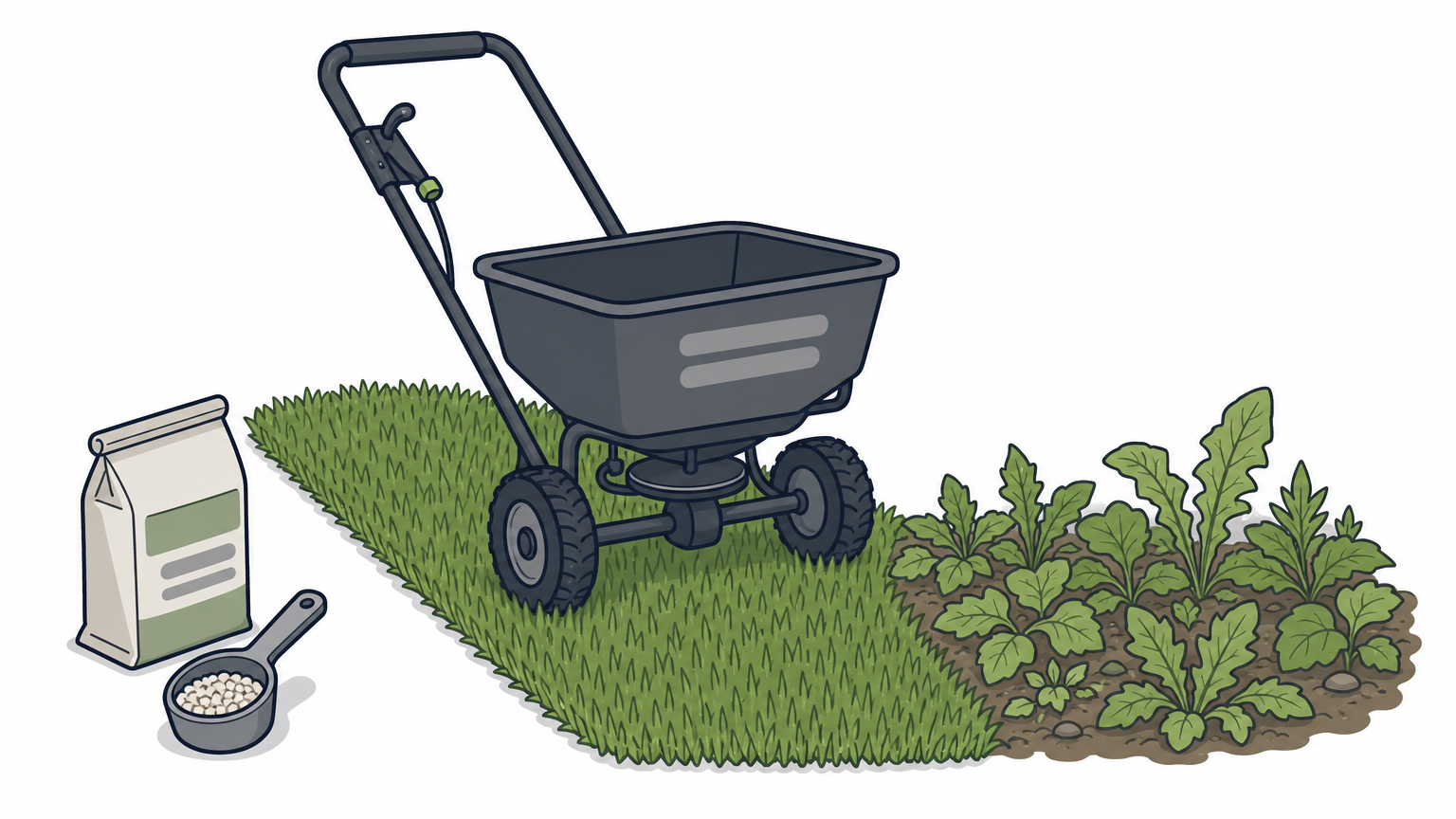 Healthy green turf sits beside a patch of weeds, with a spreader resting on the grass.