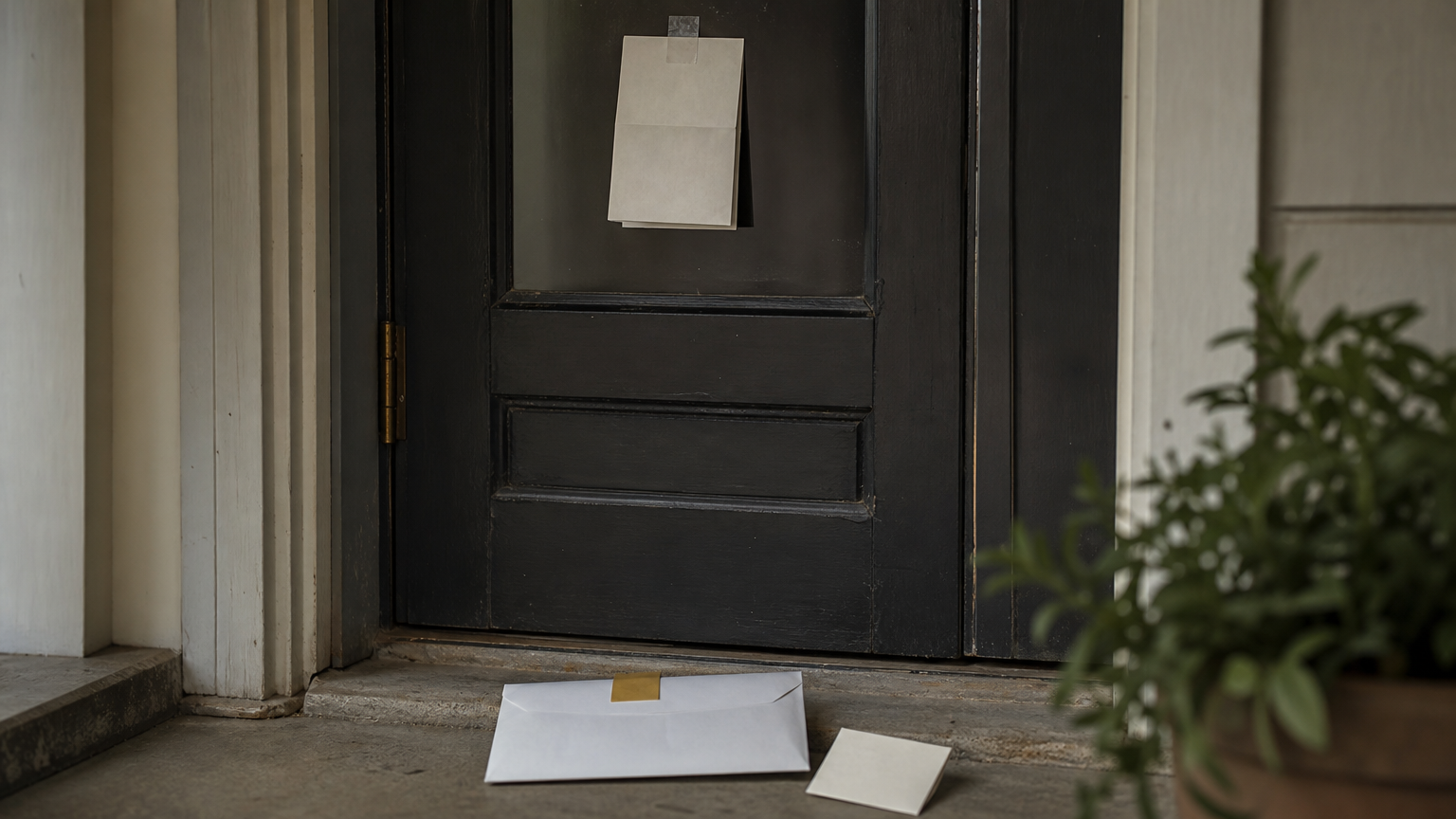A folded notice taped to a door, with a certified mail envelope and receipt card on the doorstep below.
