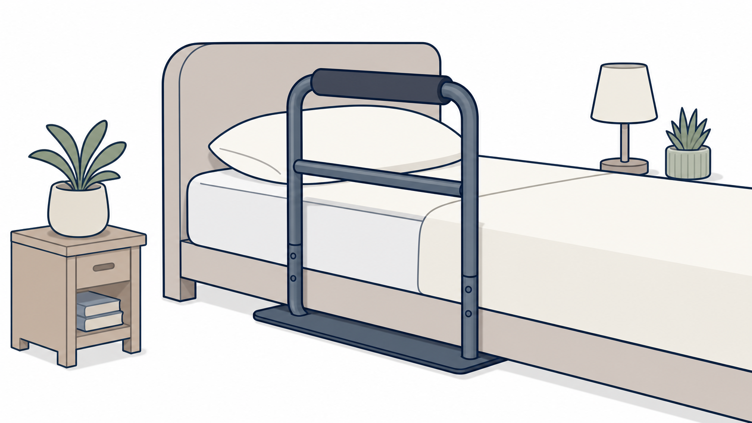 A steel bed rail with its base tucked under a mattress edge and its handle set at grip height.
