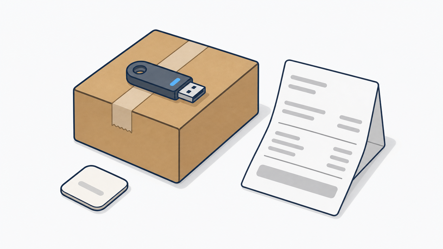 Ein Versandpaket mit einem USB-Stick obenauf liegt neben einer gefalteten Rechnung.