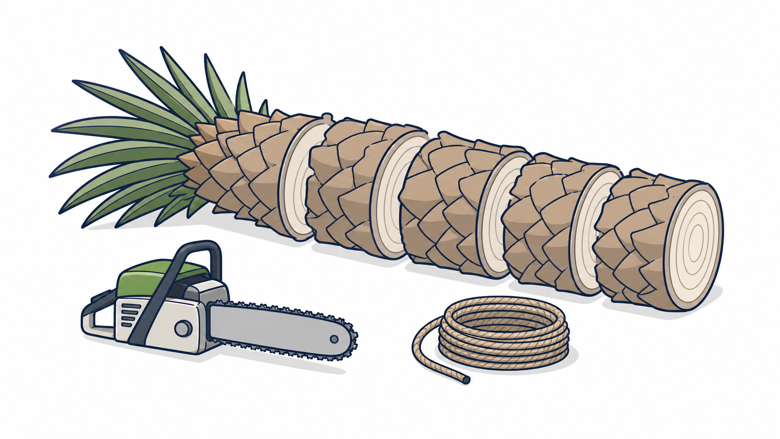 A palm trunk cut into sections lies on a lawn beside a chainsaw and rope.