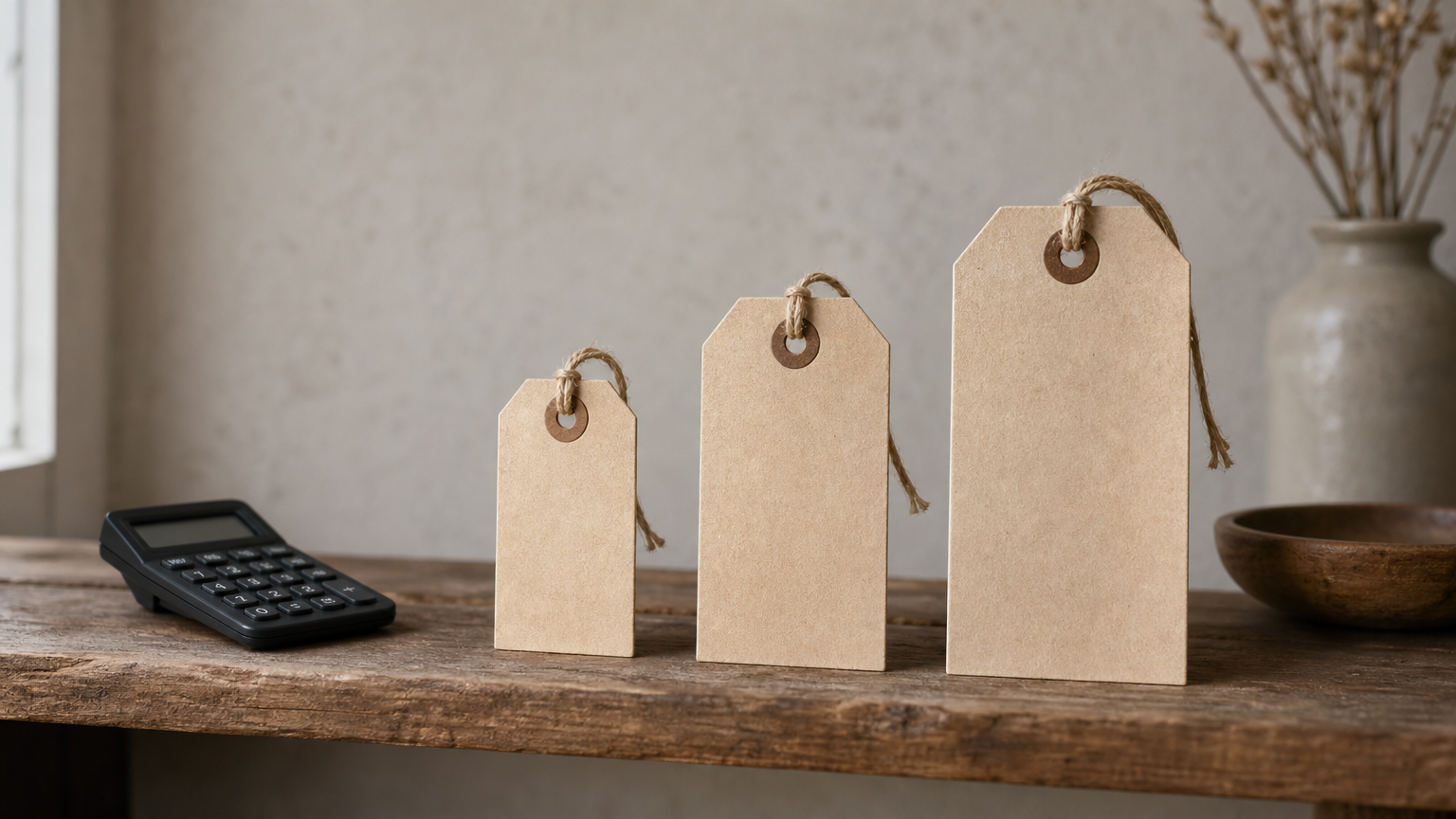 Three paper price tags of increasing size sit in a row on a wooden shelf beside a calculator.