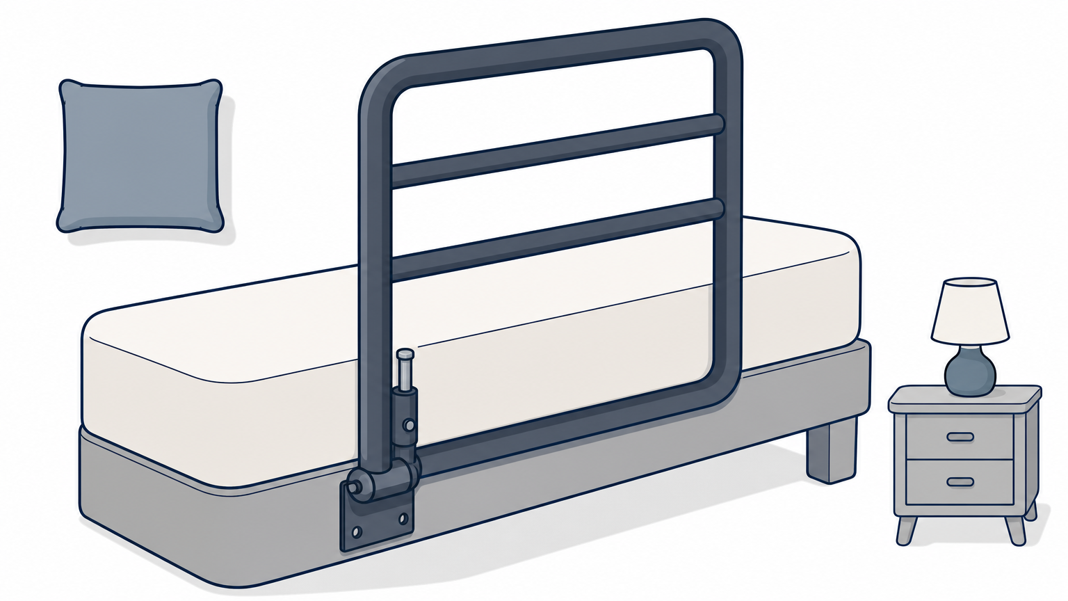 A hinged steel bed rail standing upright beside a mattress, its locking latch visible at the base.