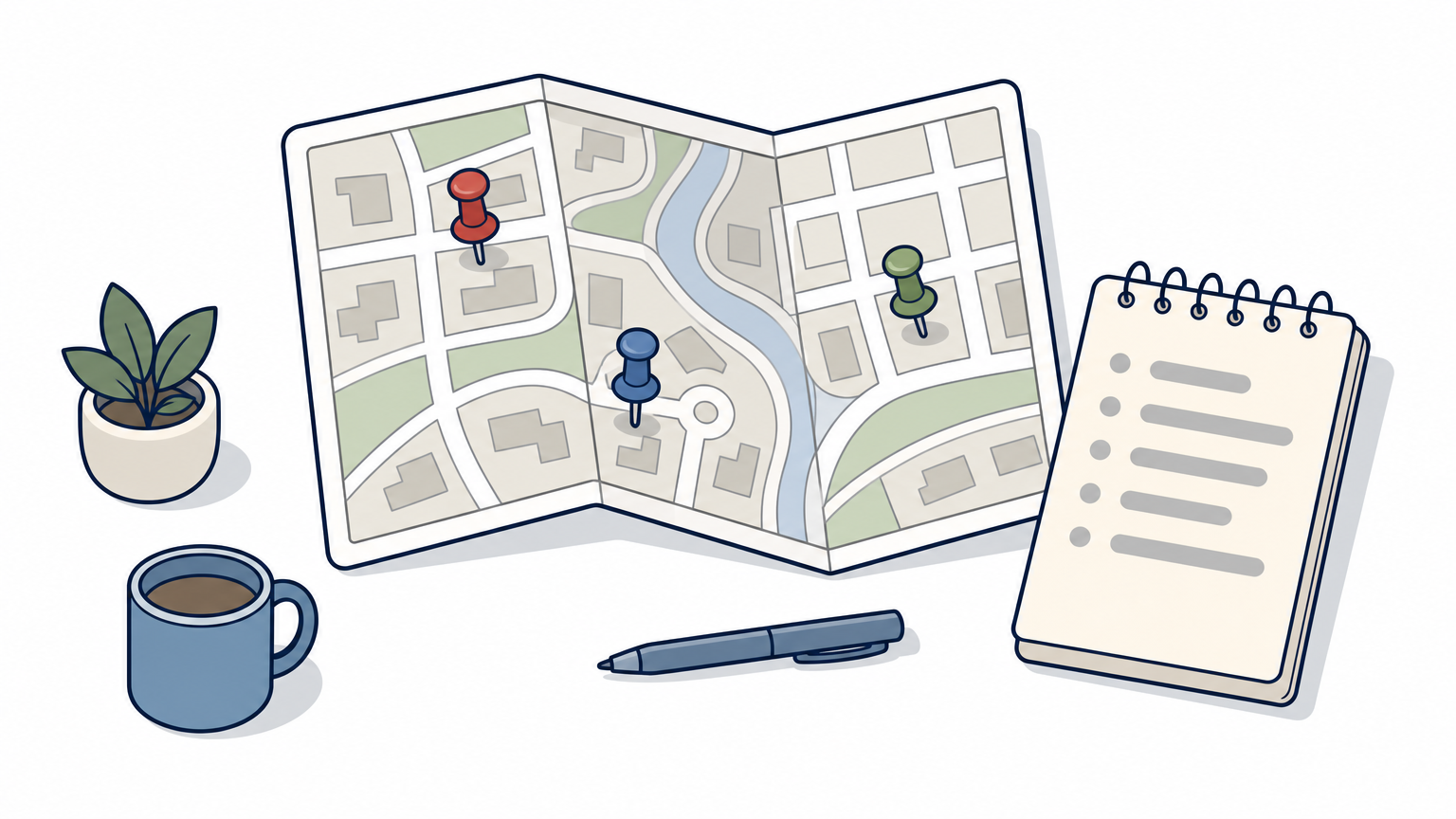 A folded street map with pushpins beside a notepad listing neighbor recommendations.