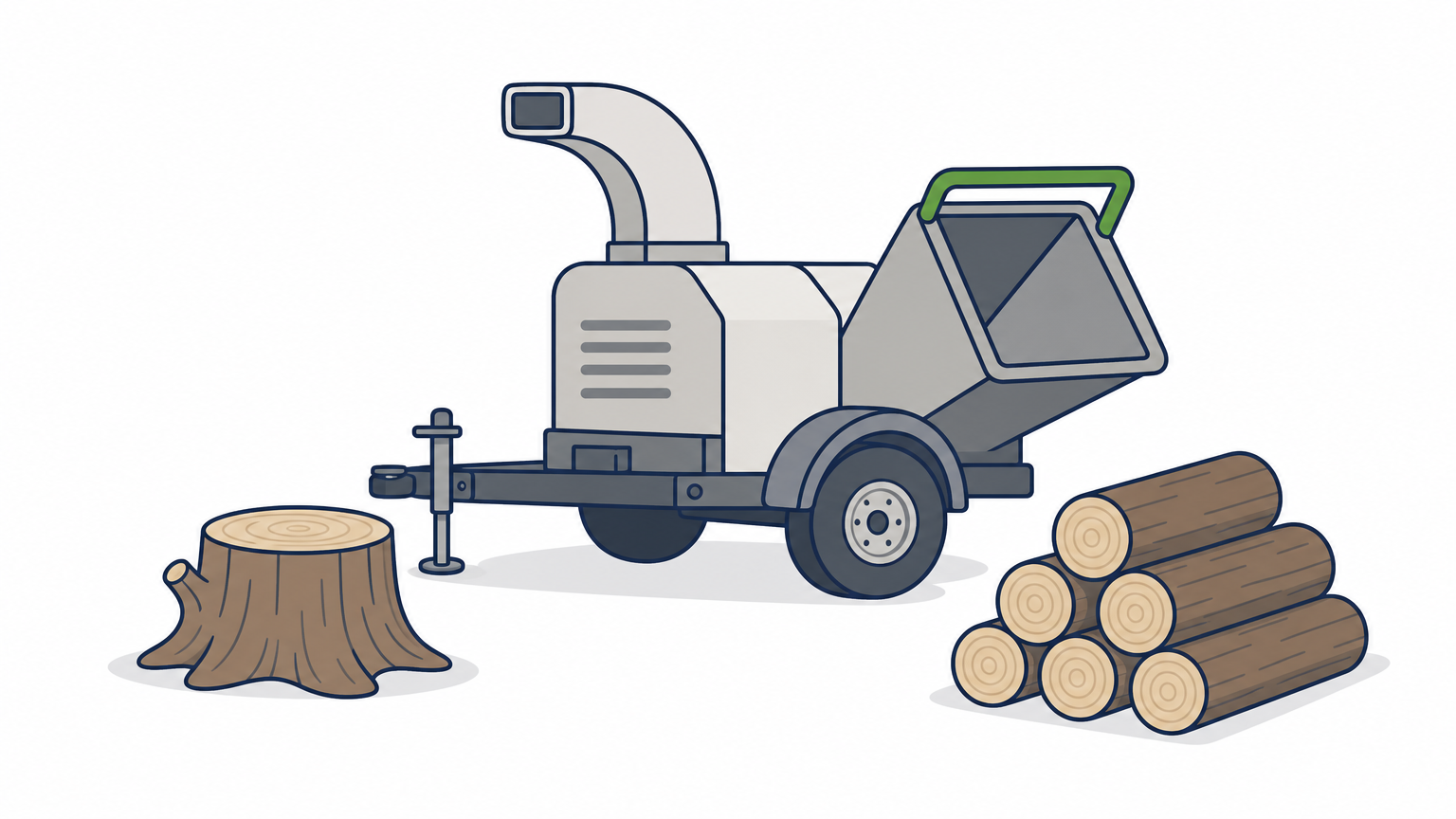 A tree stump sits beside a stack of cut logs and a wood chipper on a driveway.