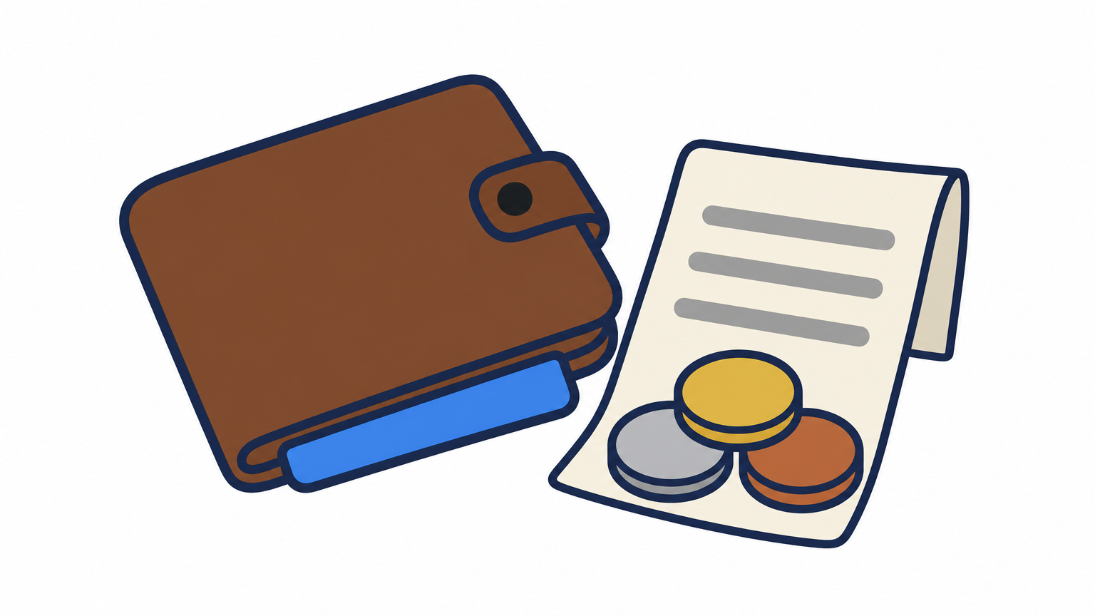 A closed wallet with a card sticking out, next to a paper receipt with three line items and a few loose coins.