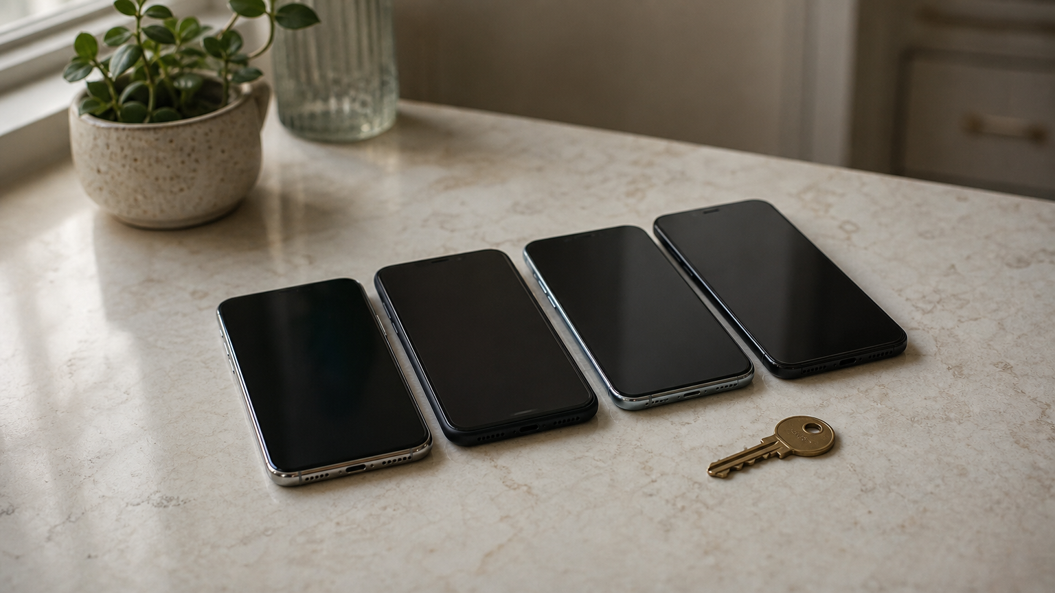 Four smartphones lie face up on a kitchen table next to a house key.