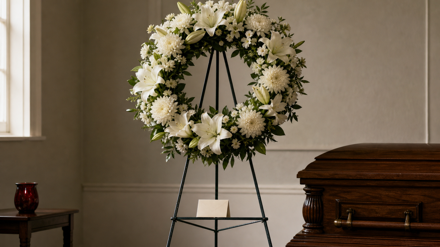 A round flower wreath on a metal easel beside a closed casket, with a small card tucked into its base.