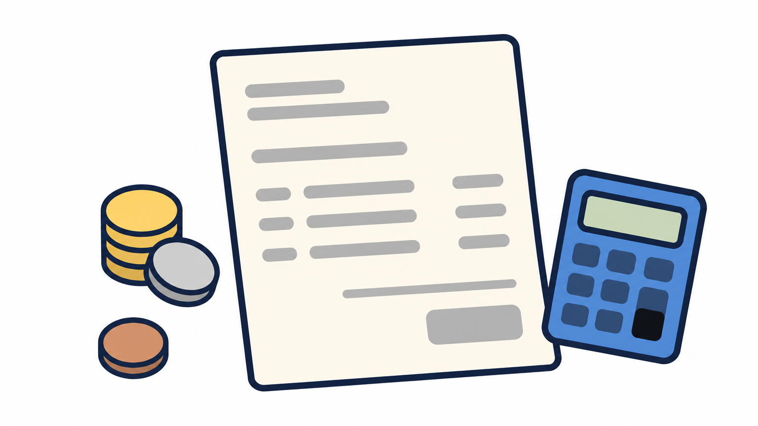 A paper invoice on a desk with a stack of foreign coins and a calculator showing a small total.
